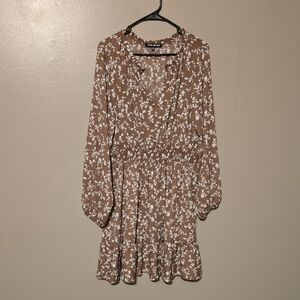 Steve Madden Mini Dress Long Sleeve Brown‎ White Floral Womens Size XXL